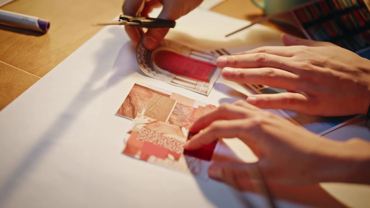 Primo piano di un designer che taglia ritagli di riviste per creare un collage per mood board.