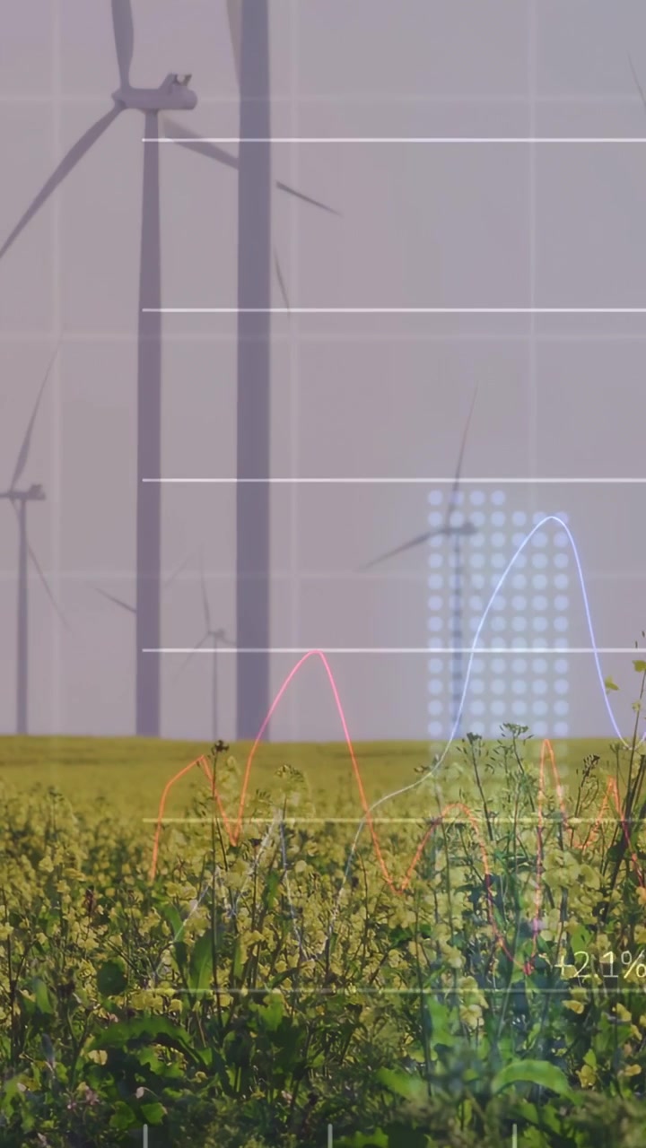 Video verticale: Sovrapposizione che svanisce su campi gialli e turbine, con grafici in aumento che mostrano la crescita energetica.