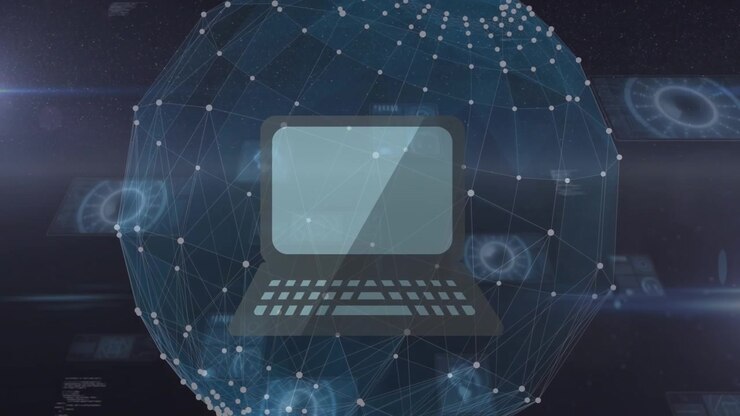 Animation of laptop over connections, globe and diverse data on screens