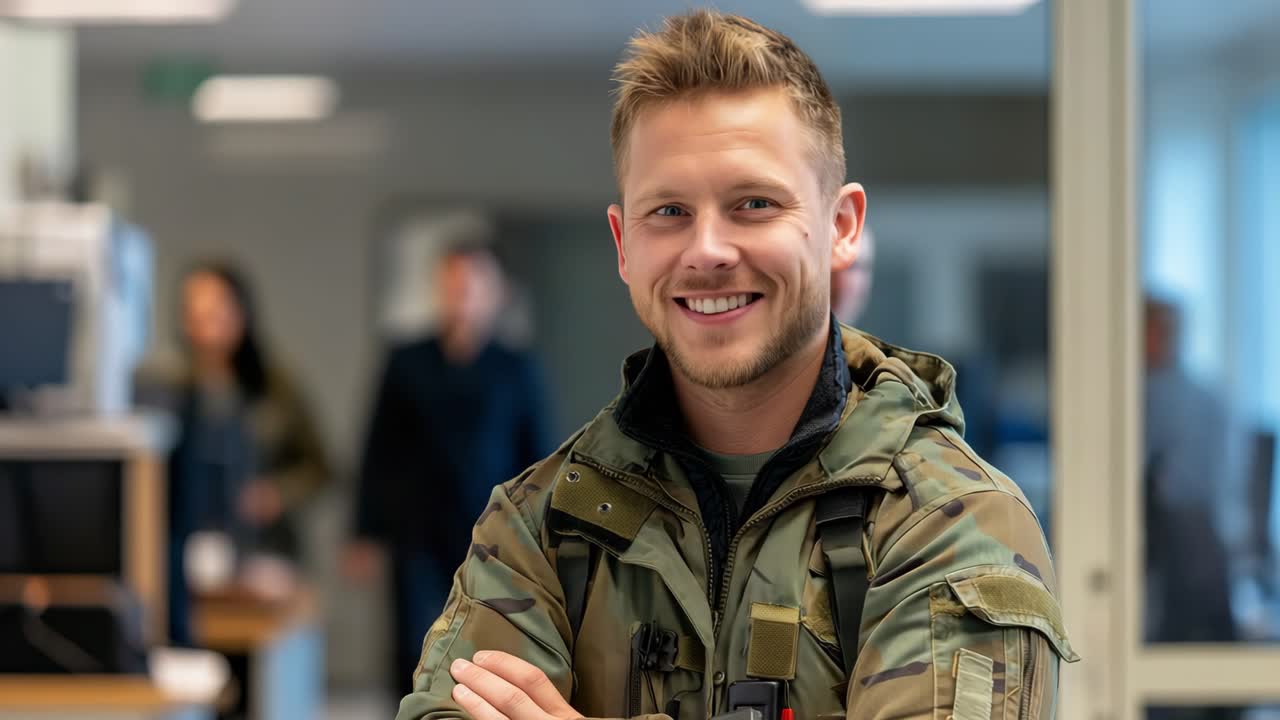 Smiling soldier with arms crossed in military base, wearing camouflage uniform and tactical vest, radiating confidence and professionalism as a national defender