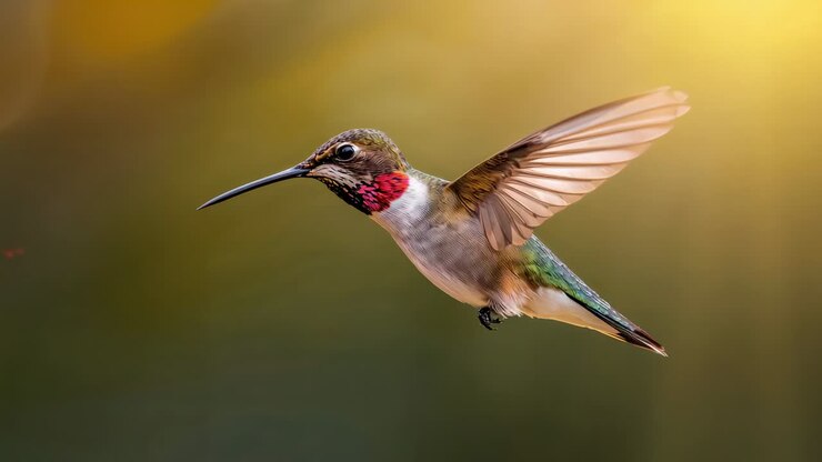 Inizio delle inquadrature, colibrì che si libra in volo e batte le ali, affinando la posizione nel giardino, becco lungo