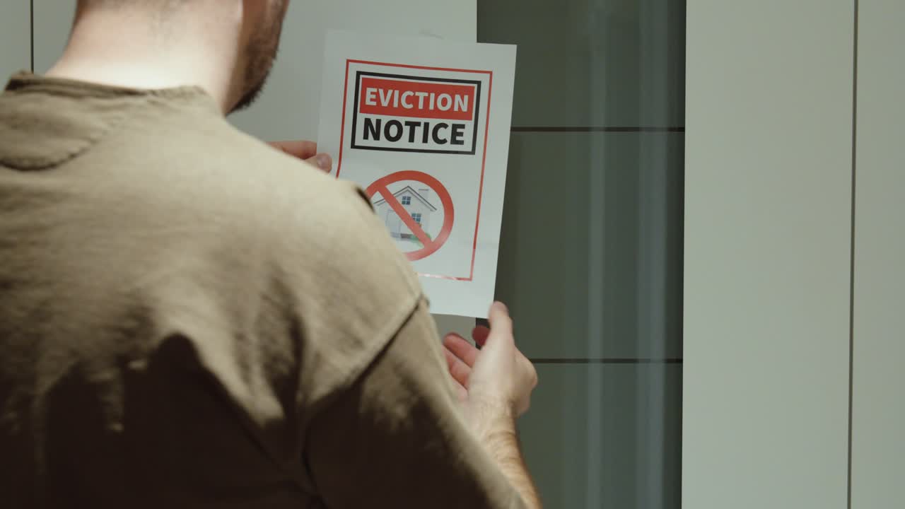 Man removing and reading an eviction notice attached to a residential door, illustrating housing insecurity, rental disputes and financial hardship in urban living