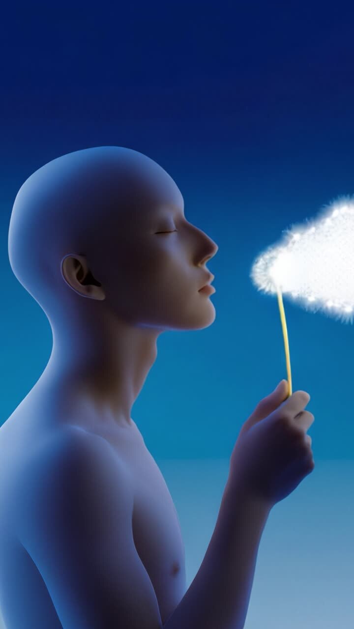 Una figura serena tiene in mano un soffione luminoso, soffiando i suoi semi nell'aria, catturando un momento di tranquillità e introspezione contro uno sfondo blu sereno.