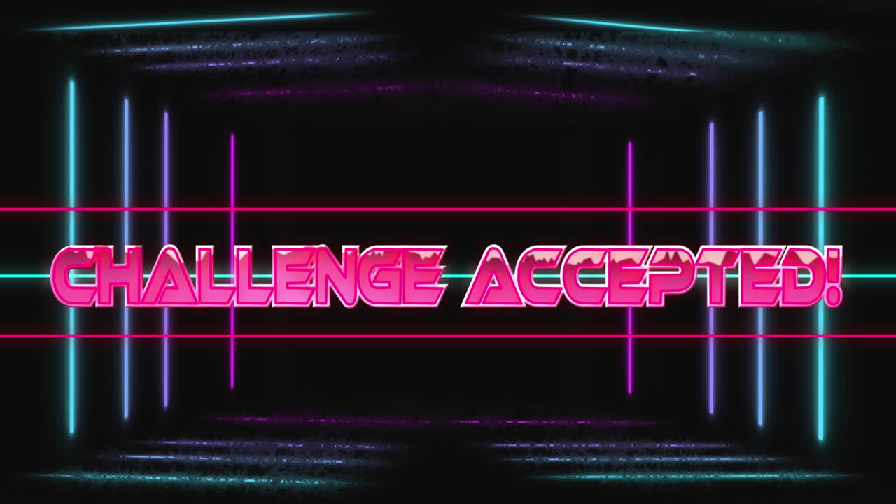 Animation of challenge accepted and exclamation over lines against black background