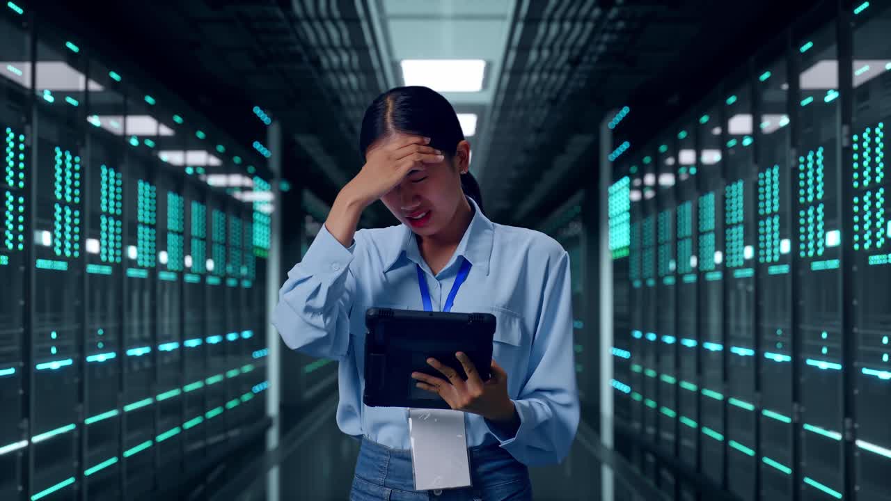 Asian Female With Her Tablet In Server Room Data Center, She Is Nodding Her Shead With Dissapionted