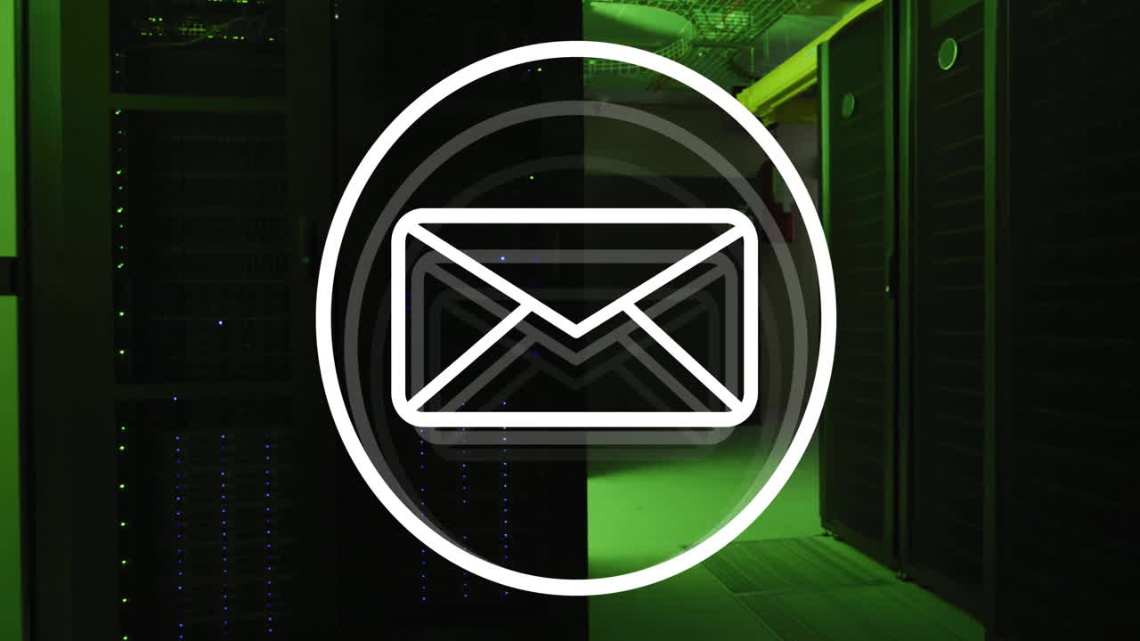Animation of envelope email icon over dark computer server room