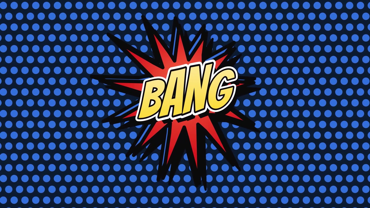 Tegneseriestil «BANG»-tekst som flyter i et taggete utbrudd på bevegelige blå rasterpunkter, popkunst-onomatopoetikon, sømløs animasjon.
