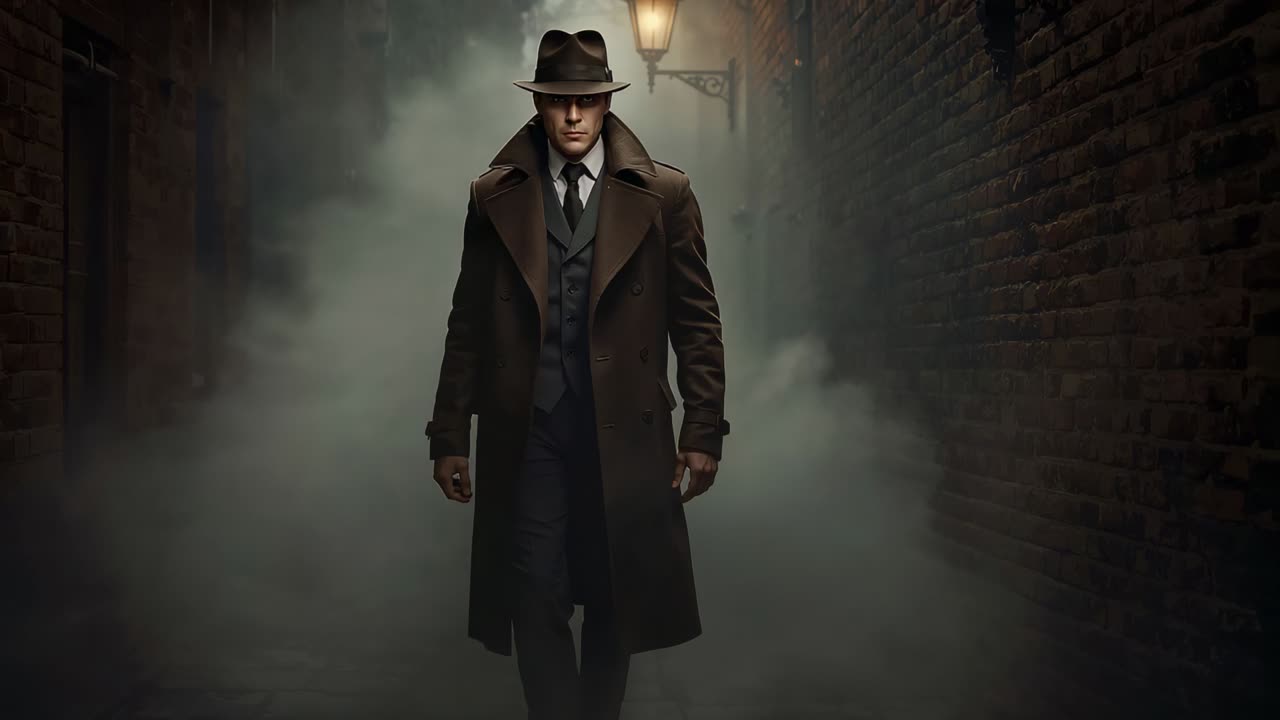 Walking man wearing fedora, trench coat moving toward camera in brick alley with backlit lamp, fog