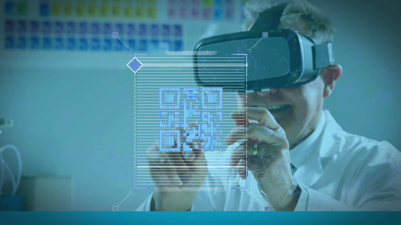 Animation of qr code with data processing over caucasian male scientist using vr headset in lab