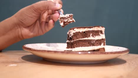 close-up of a person's hand using a fork to eat a piece of chocolate cake.