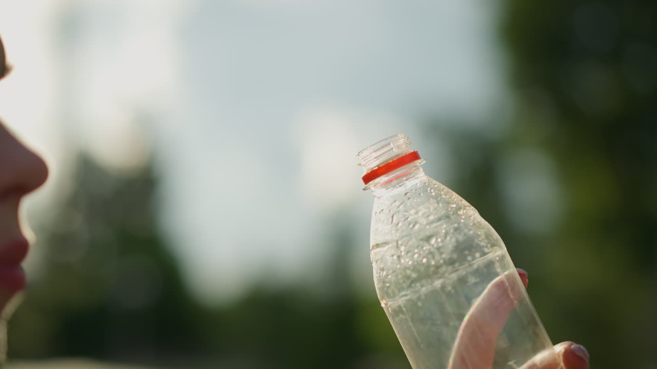 primer plano de la mano sosteniendo una botella de plástico transparente con condensación en el interior, la botella está inclinada hacia la luz, con la luz del sol creando un brillo suave en el fondo, rodeada de vegetación borrosa