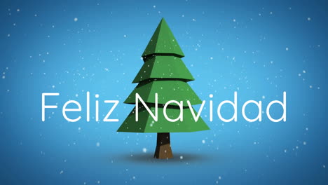 animación de felix navidad texto y nieve cayendo sobre el árbol de navidad giratorio sobre fondo azul