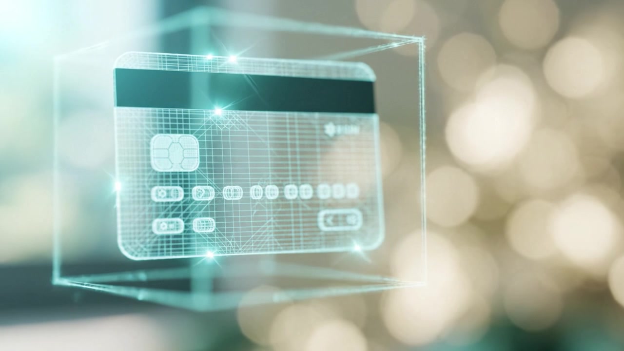 Futuristic Digital Representation of a Credit Card Hovering in a Bokeh Background, Highlighting Modern Payment Solutions and Advanced Financial Technologies
