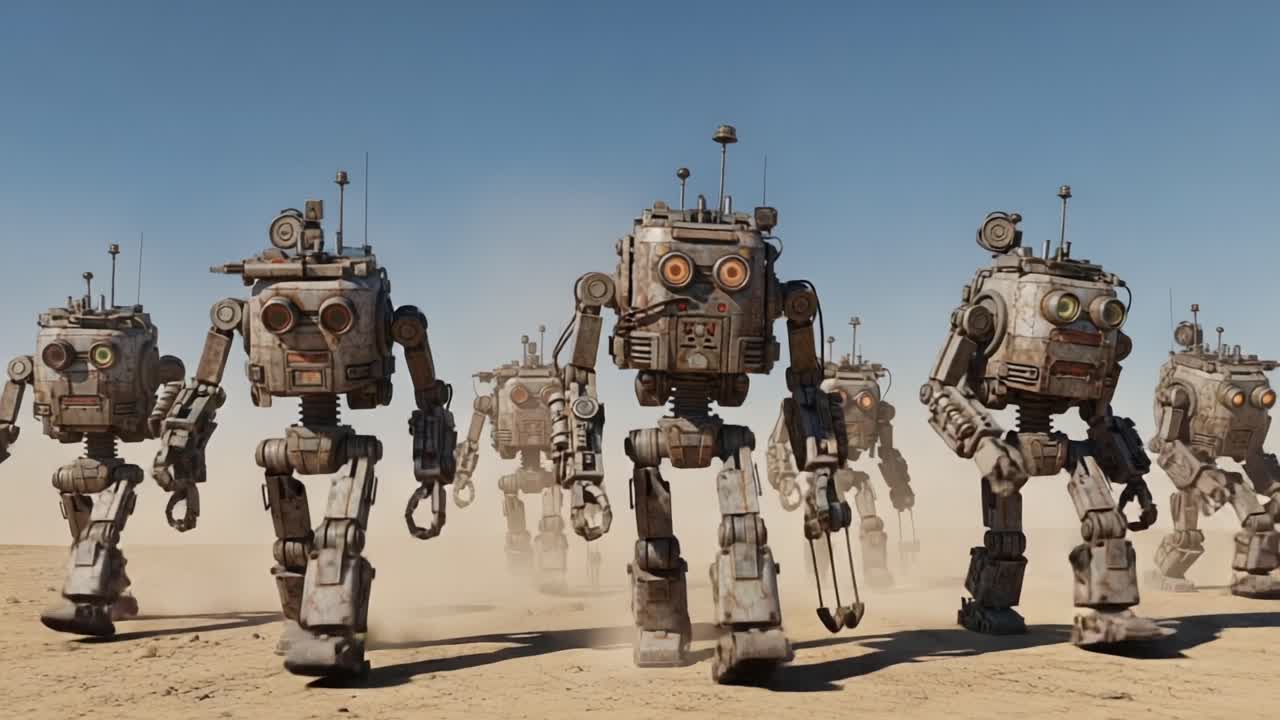 A Group of Vintage Robots Marching Through a Dusty Desert Landscape, Showcasing Their Unique Designs and Mechanisms in a Dystopian Setting