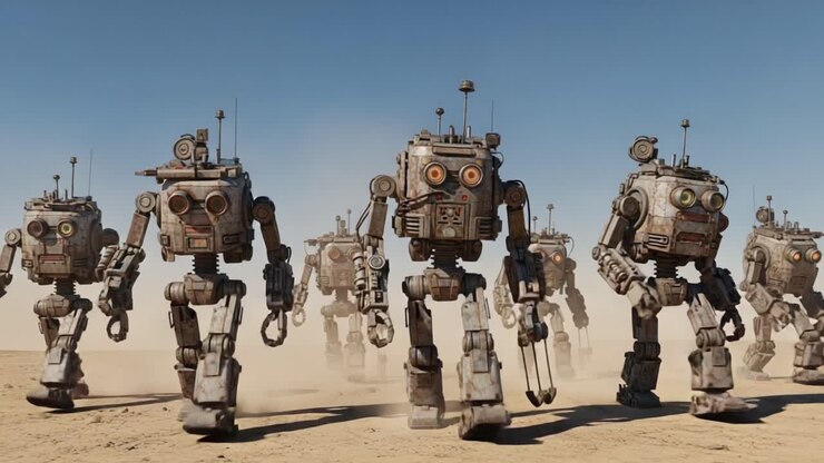 A Group of Vintage Robots Marching Through a Dusty Desert Landscape, Showcasing Their Unique Designs and Mechanisms in a Dystopian Setting