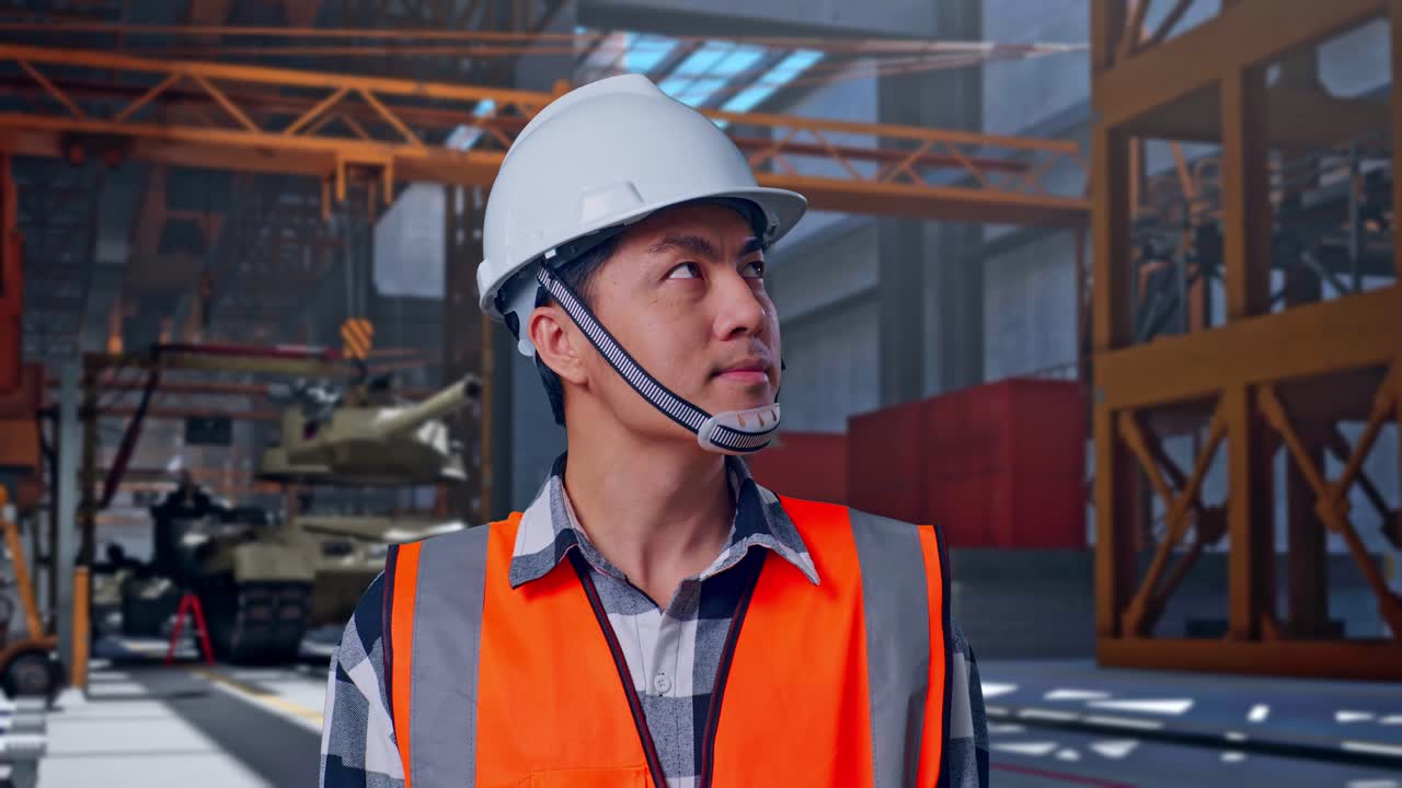 Primer plano de un ingeniero asiático con casco de seguridad mirando alrededor mientras está de pie, tanque militar en construcción en una instalación industrial