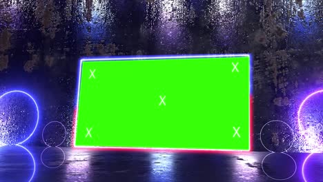 túnel creativo abstracto y pantalla verde modelo de cartelera del canal alfa. neón, bares y tecnología de led púrpura azul, ciencia ficción, renderizado cyberpunk futurista en 3d con marco en blanco.