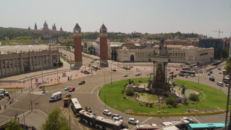 placa d'espanya and venetian towers from arenas de barcelona in spain