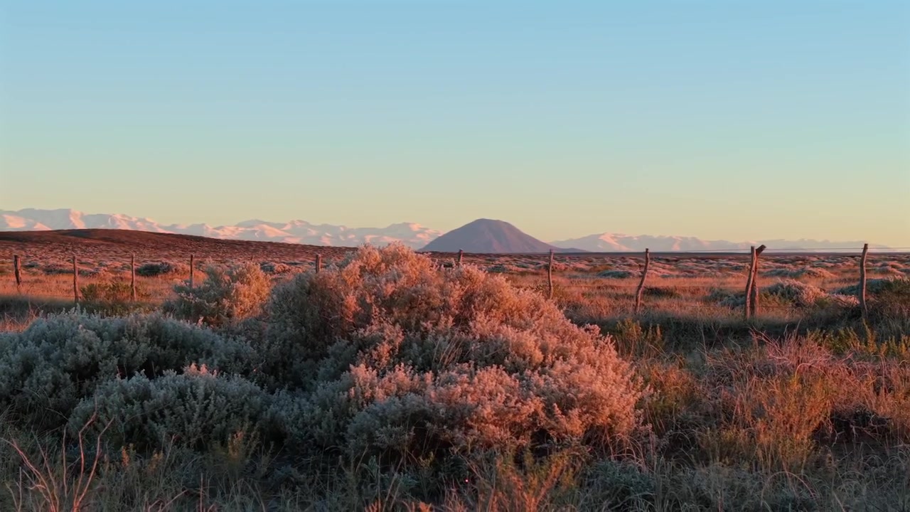 Il Vulcano Diamante si erge sopra la steppa arbustiva a Mendoza, Argentina, con pianure vulcaniche, le pendici andine e vegetazione autoctona da clima secco illuminate dalla luce solare radente, ripresa laterale scorrevole con drone.