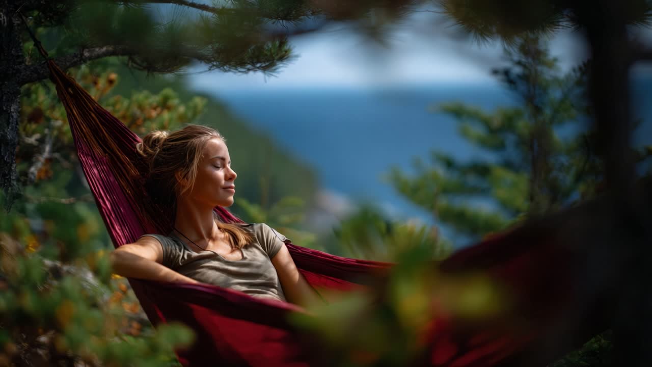 A woman relaxes peacefully in a hammock, enjoying nature's tranquility by the scenic view of the water surrounded by lush trees and gentle breezes