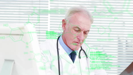 senior male doctor reviewing medical data in clinic, with floating chemical structures and code