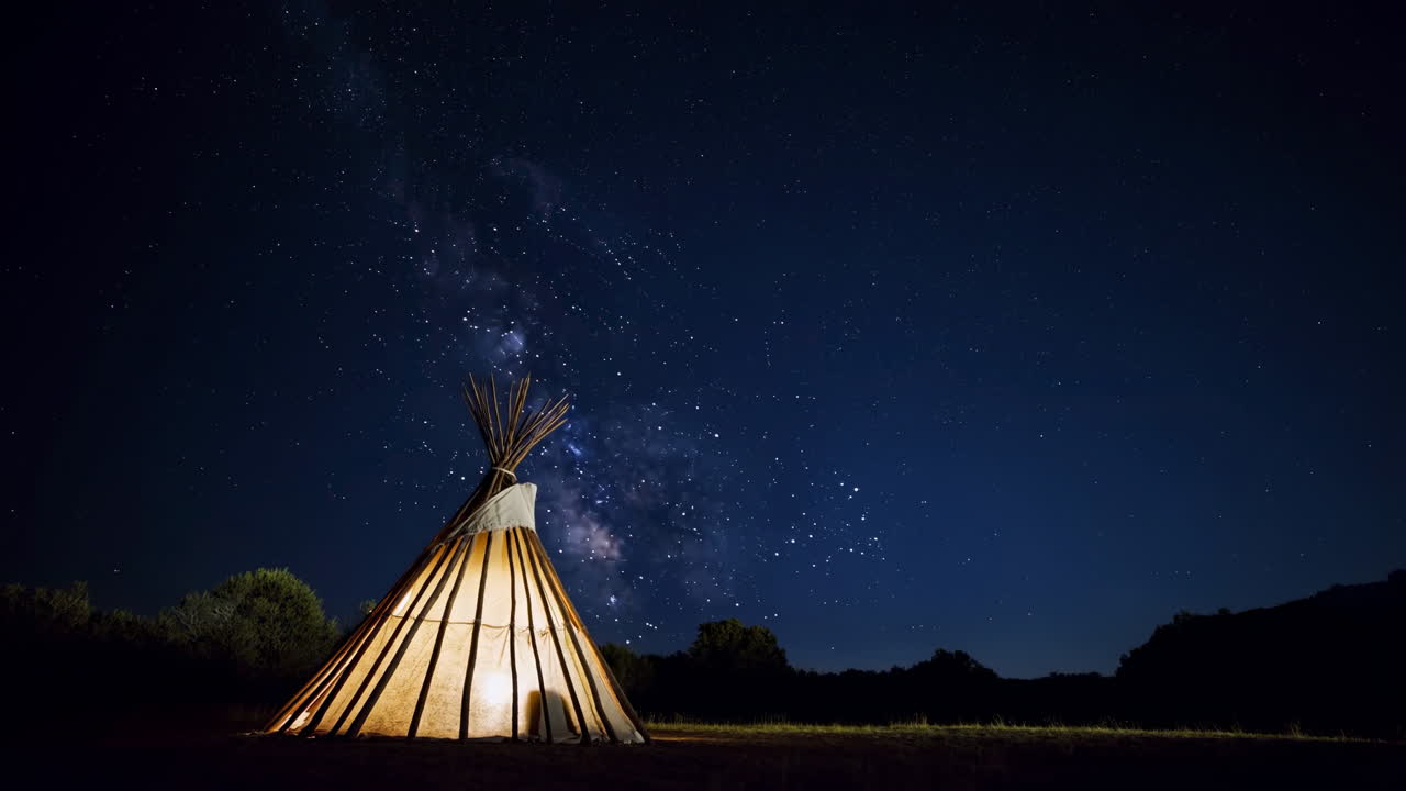Tipi iluminado sob um céu noturno estrelado, interior quente e brilhante com postes de madeira apontando para cima, Via Láctea.