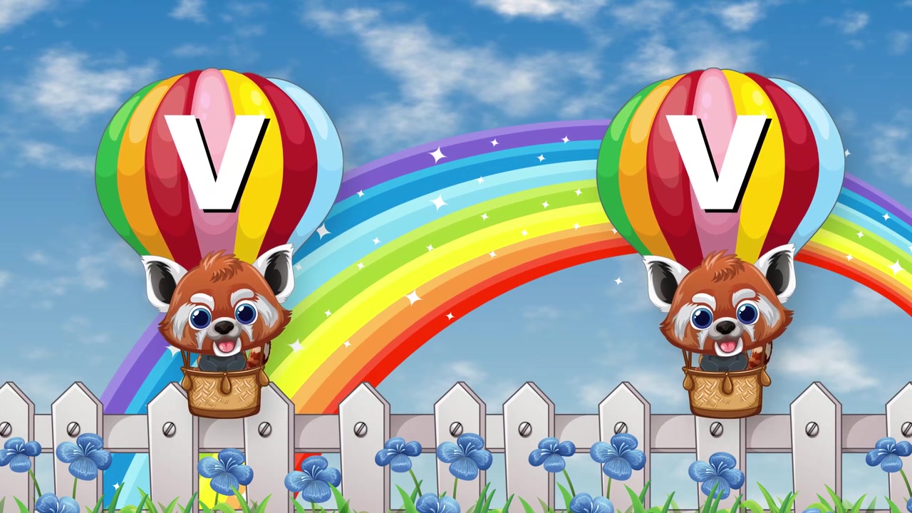 Personagens animados de panda-vermelho flutuam em balões de ar quente coloridos em um céu de arco-íris brilhante