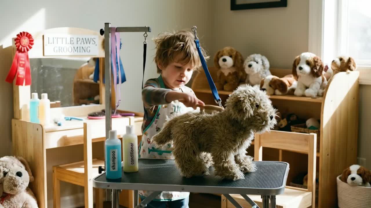 Bambino che spazzola un cane di peluche su un tavolo da toelettatura nella stanza dei giochi