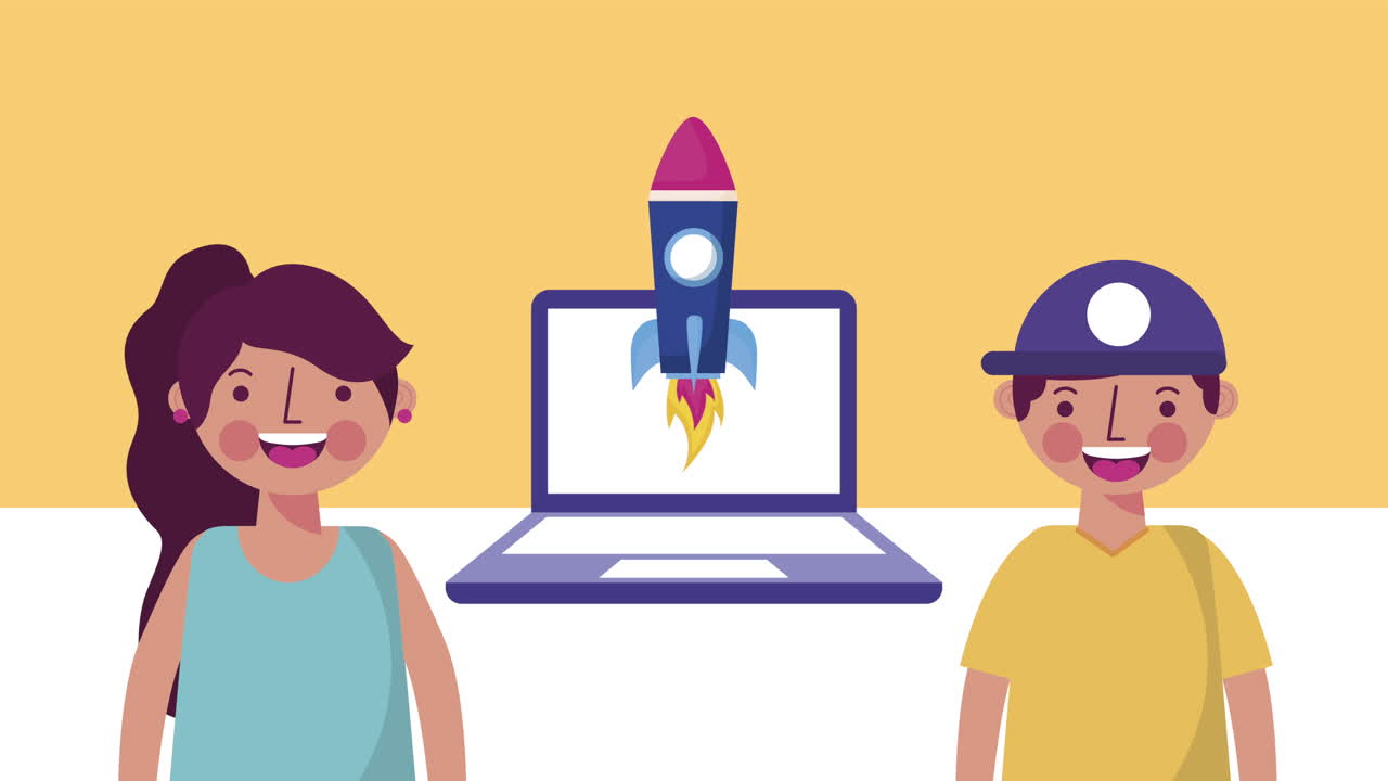 little students couple with laptop elearning animation