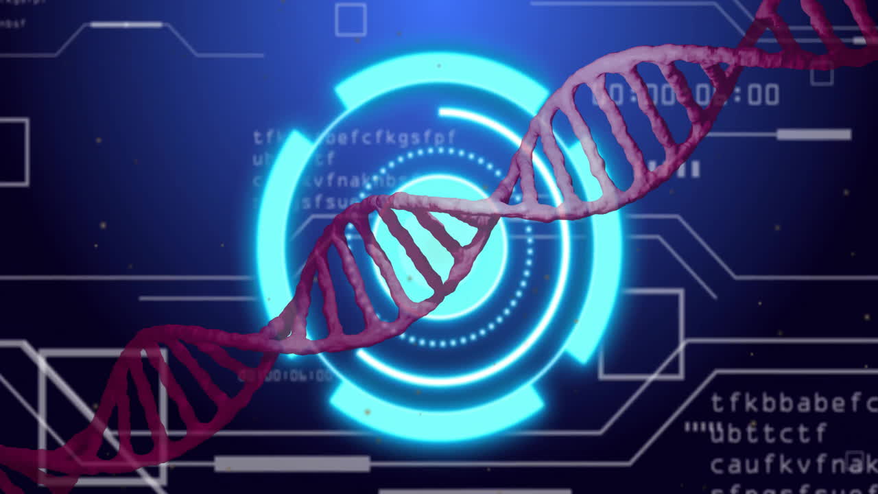 Animating scientific data, DNA strand and digital interface in focus