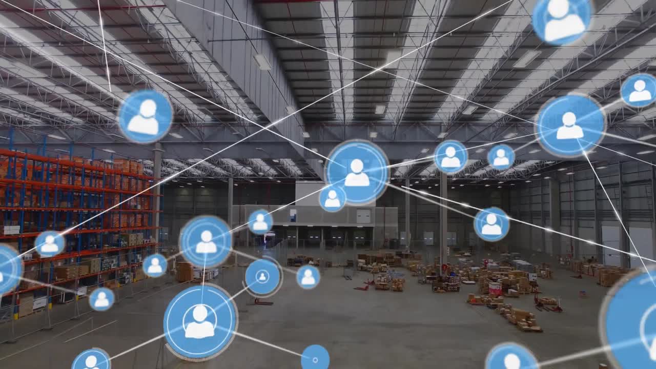 Animazione di rete di connessioni con icone su magazzino