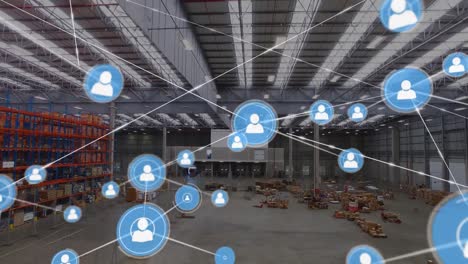 animation of network of connections with icons over warehouse