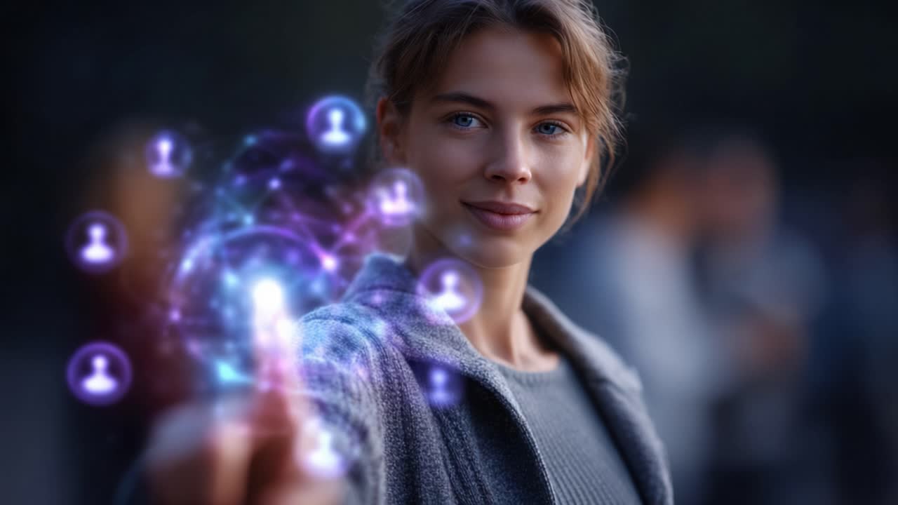 Una giovane donna che dimostra la connessione digitale attraverso visualizzazioni olografiche, interagendo con icone luminose di persone e tecnologia avanzata in un ambiente sereno.