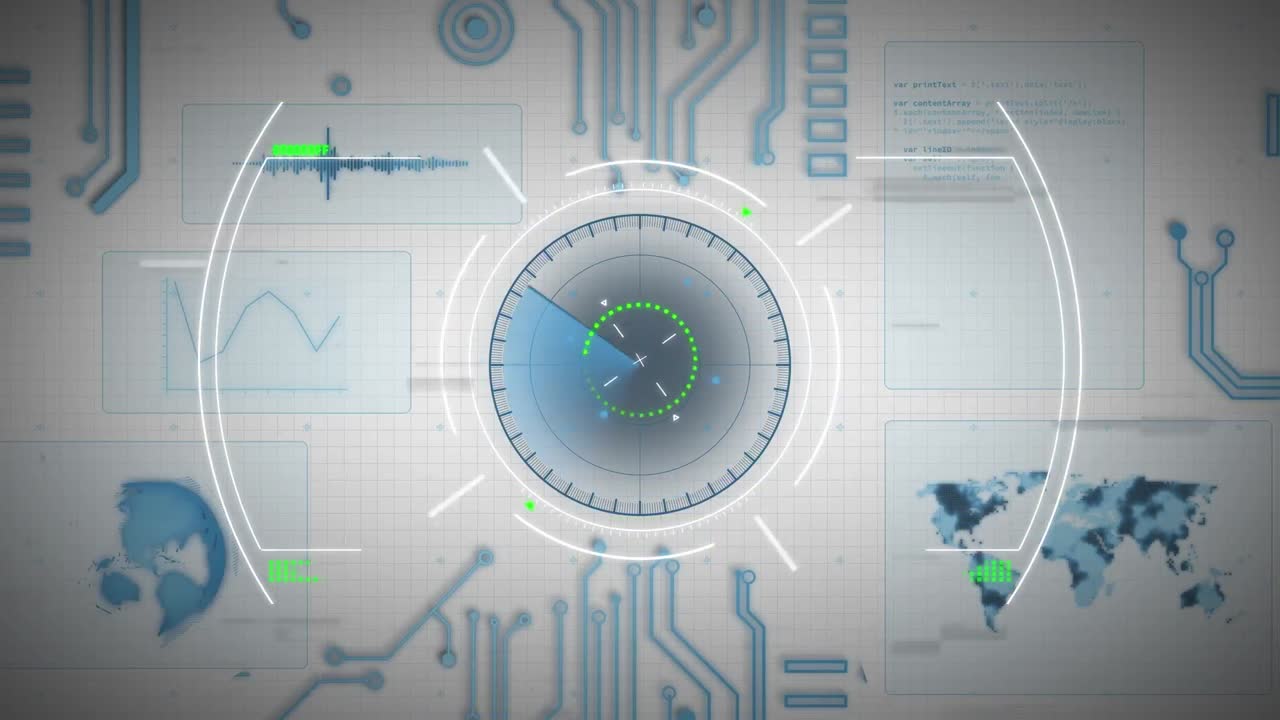animación del visor, el glitch y el circuito integrado sobre fondo gris