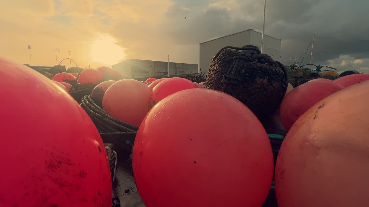 Bright red buoys embellish the docks of a scenic Spanish fishing village, firmly attached to the coastal pier, providing a glimpse into the charm of this cozy harbor and its fishing community