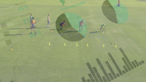 athletes training on field with performance metrics animation over green background