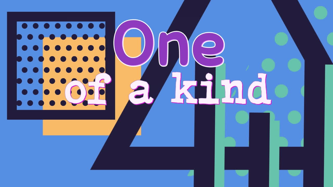 Animazione del testo 'one of a kind' su forme astratte su sfondo blu
