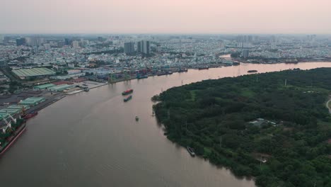 saigon river shipping port in evening