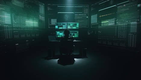 hacker in a dark room with multiple screens