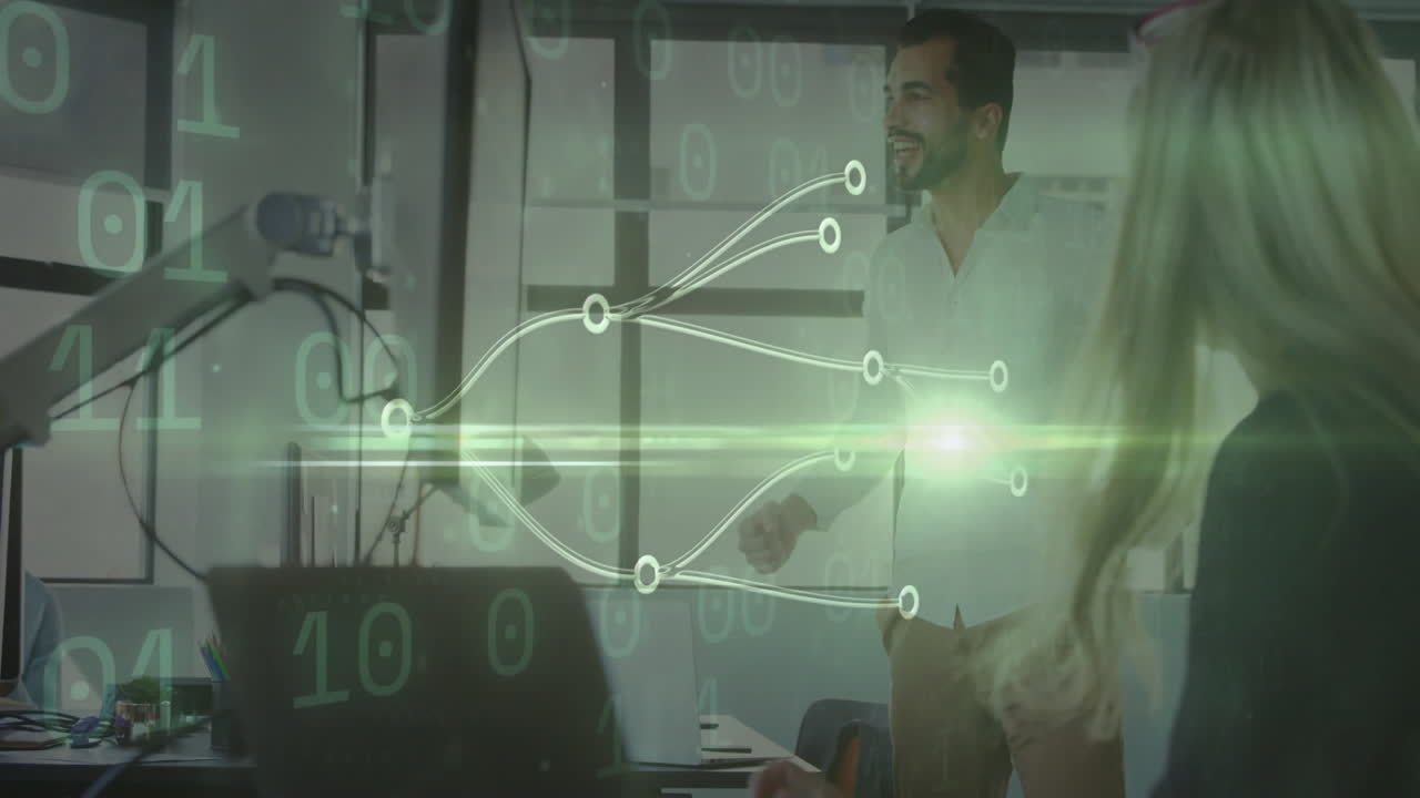 Collaborating in office, business people with digital data flow animation overlay
