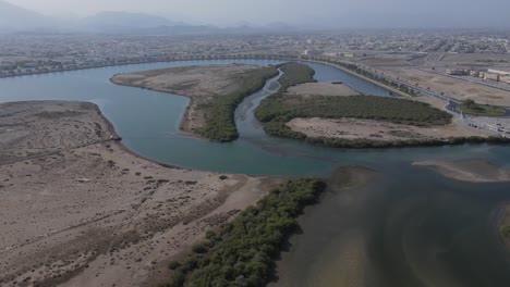 aerial view of the kalba mangrove forest and kalba city, also known as khor kalba located in the northern emirates of sharjah, united arab emirates