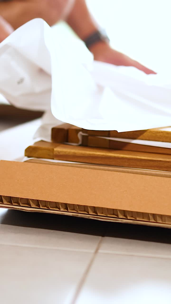 Hands carefully unpack a wooden frame from a cardboard box in a well-lit room