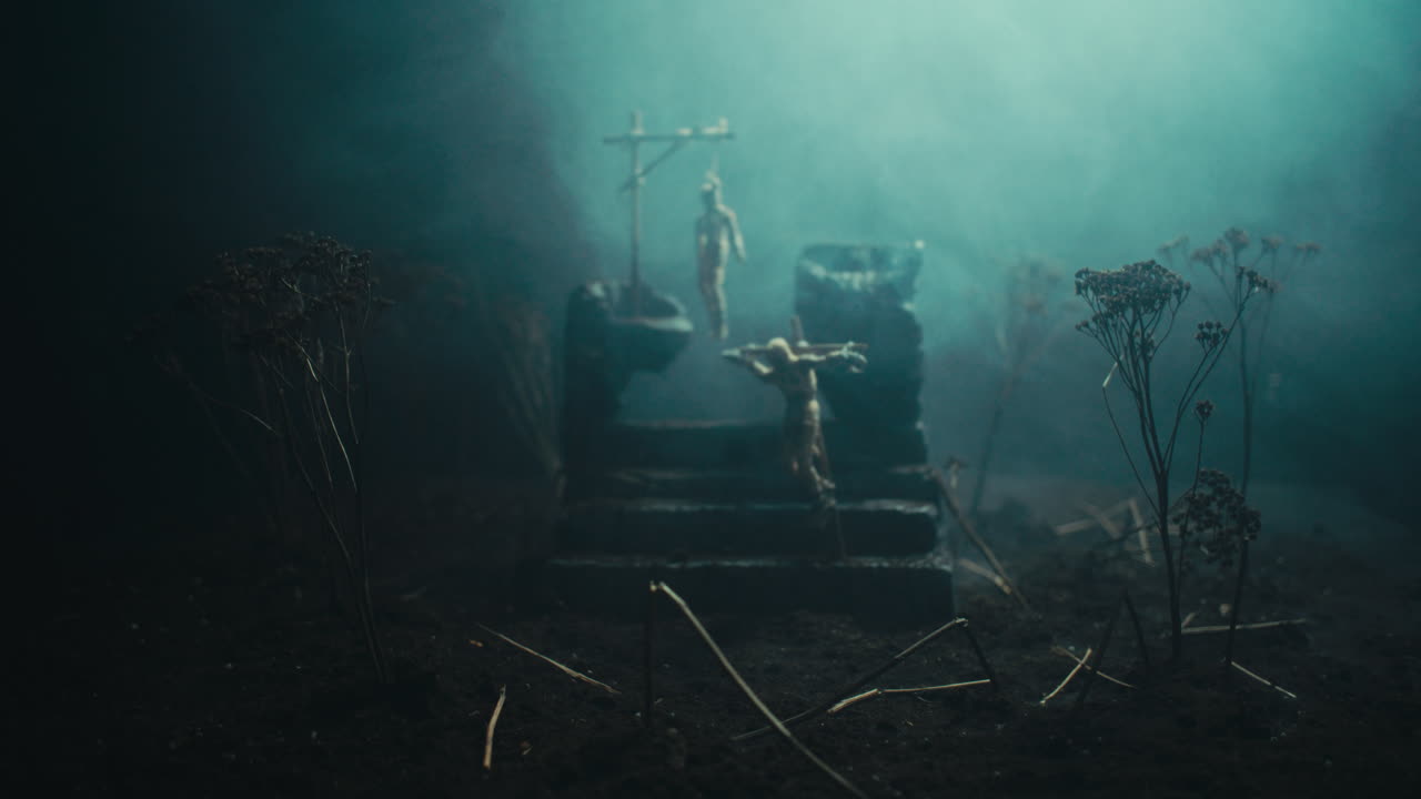 A miniature scene of the mummified dolls hanging on the gallows at night