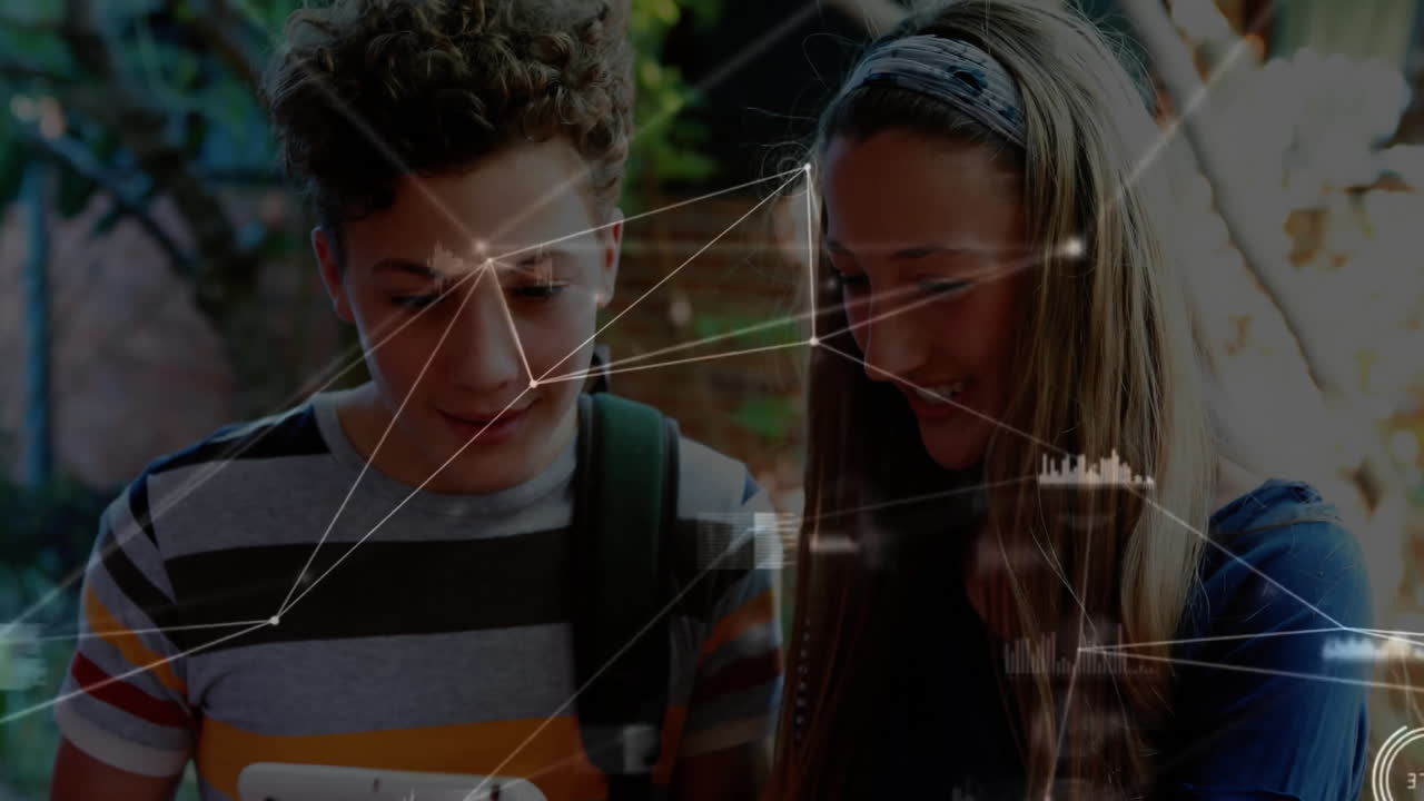 siblings exploring education technology outdoors, viewing tablet with network lines and data charts