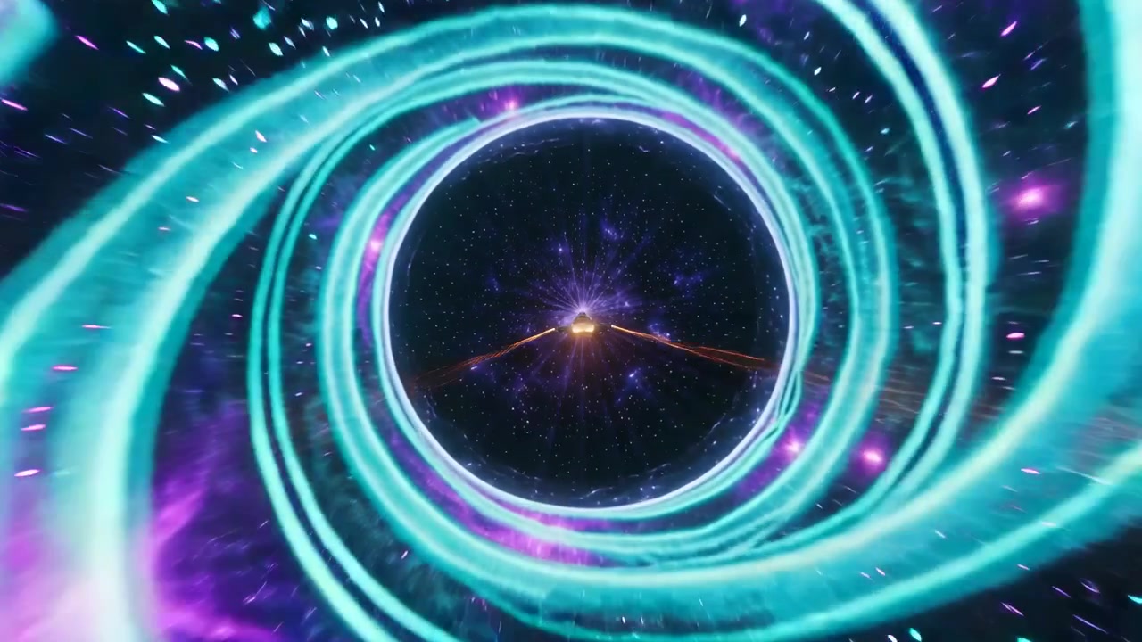 エネルギーリボンを追う光る宇宙船が、オレンジ色の軌跡を残しながらリングポータルと整列し、星野へと向かう。