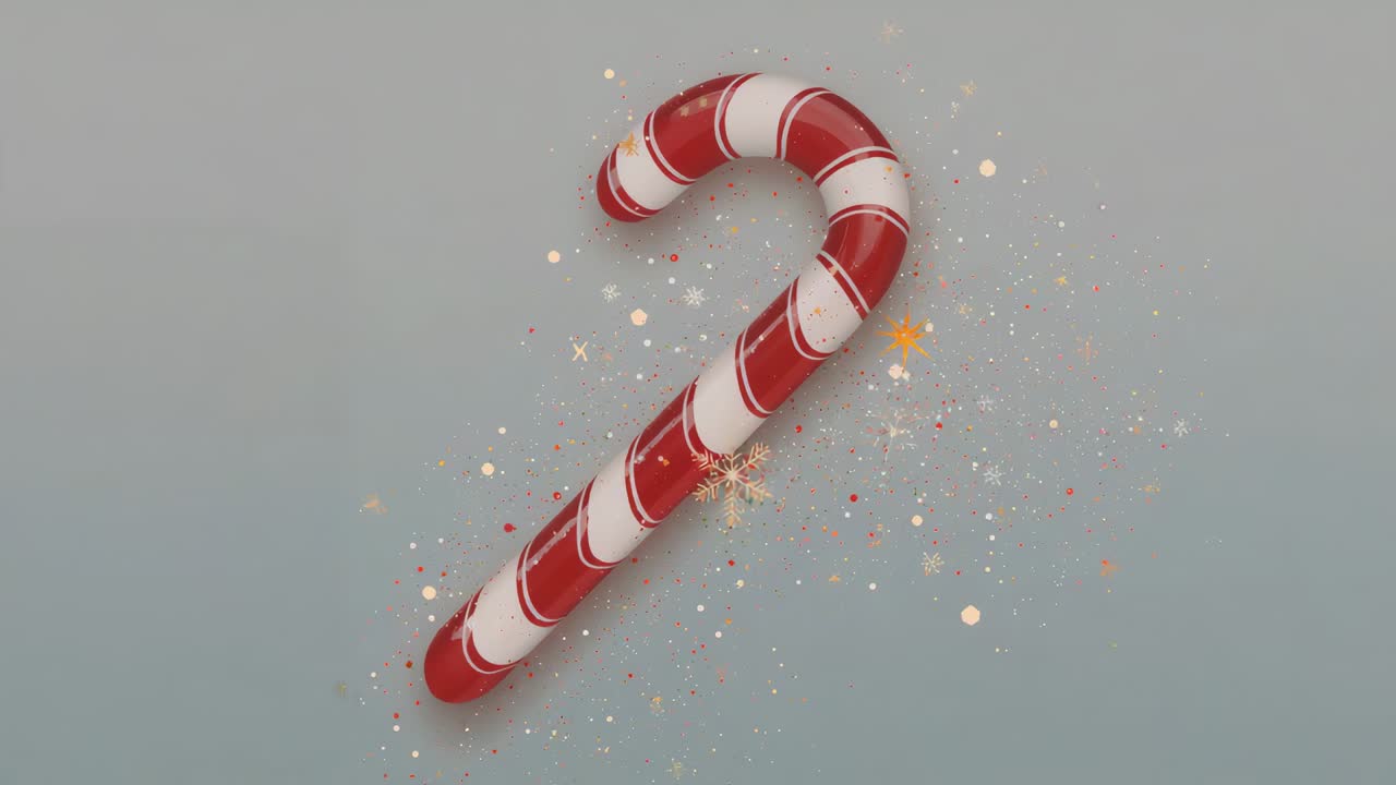 Rotating red white striped candy cane tilting right on start, stars radiating on gray for decor