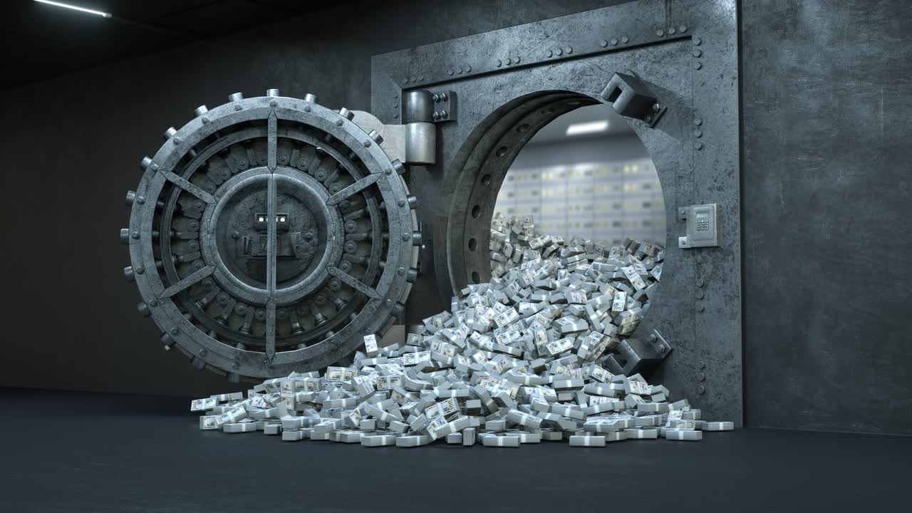 Opening of the vault door in bank with a lot of money