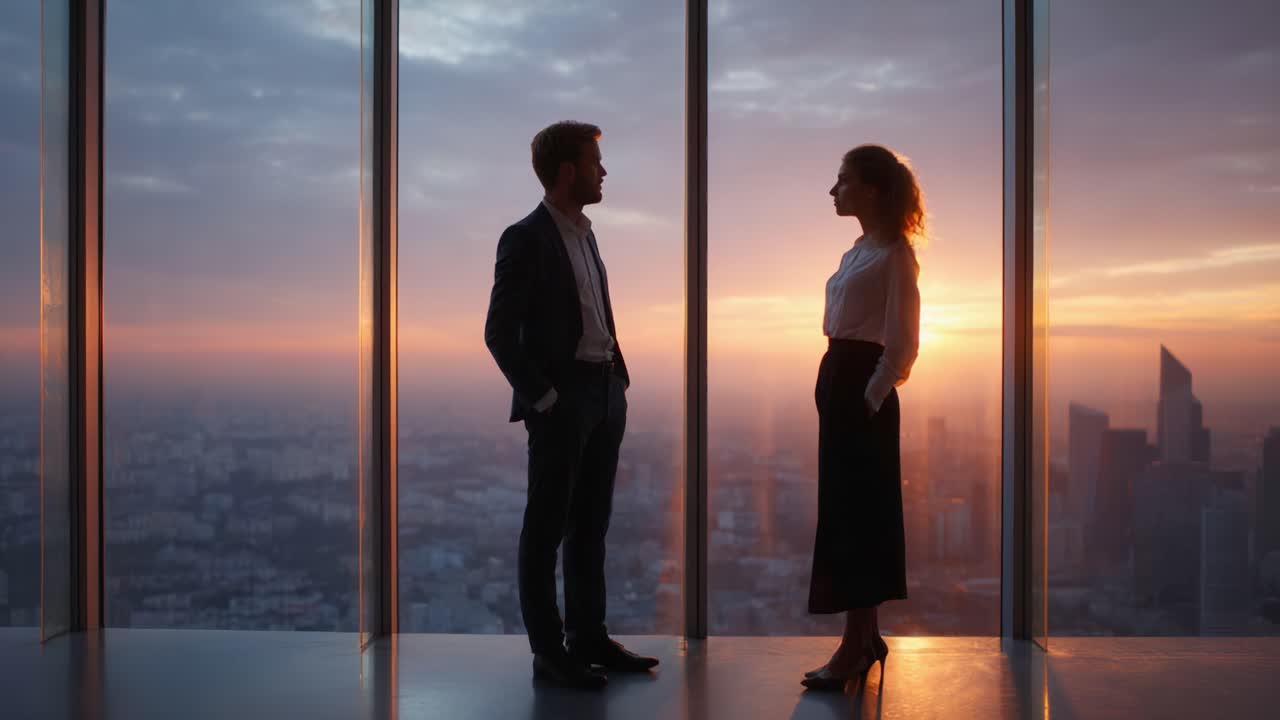 Una conversazione drammatica al tramonto: cattura le silhouette di due persone impegnate in un dialogo intenso sullo sfondo di uno splendido paesaggio urbano