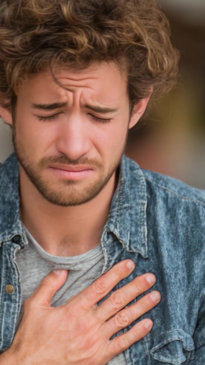 Un giovane uomo che prova disagio emotivo e malessere fisico, offrendo uno sguardo sulle lotte personali e sulla vulnerabilità attraverso espressioni facciali e linguaggio del corpo.