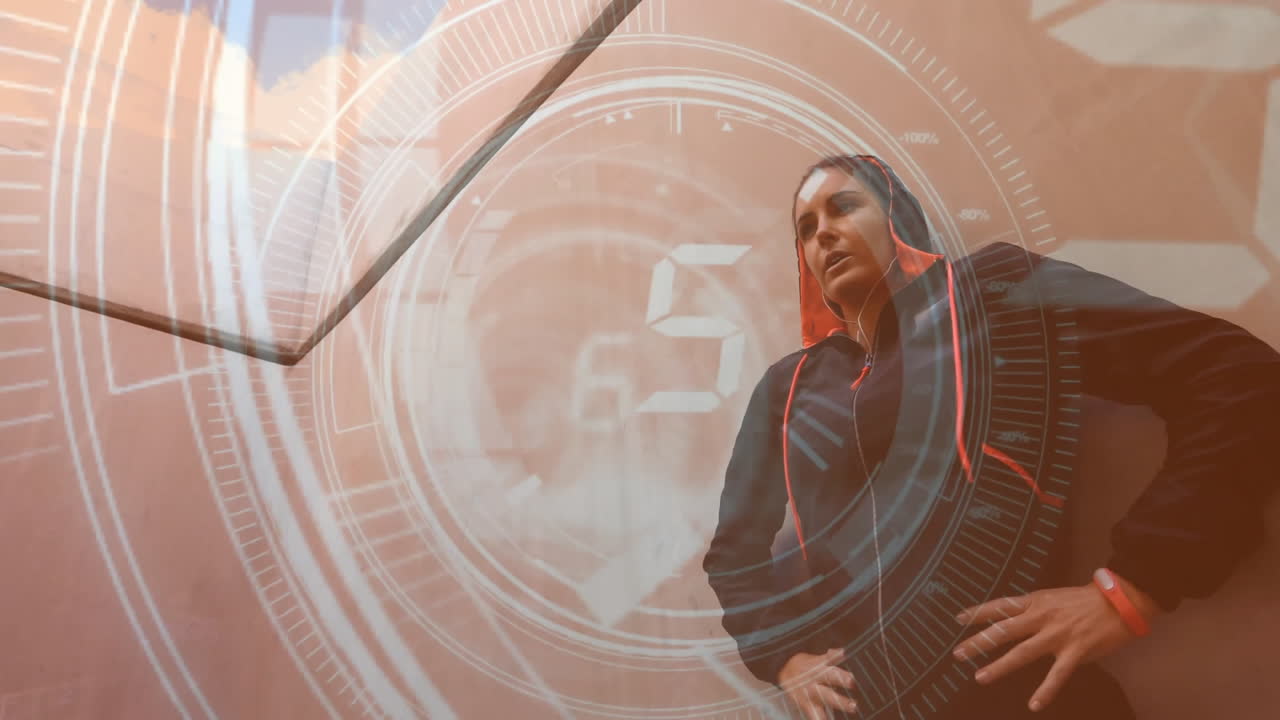 Digital clock animation over person in hoodie leaning against wall